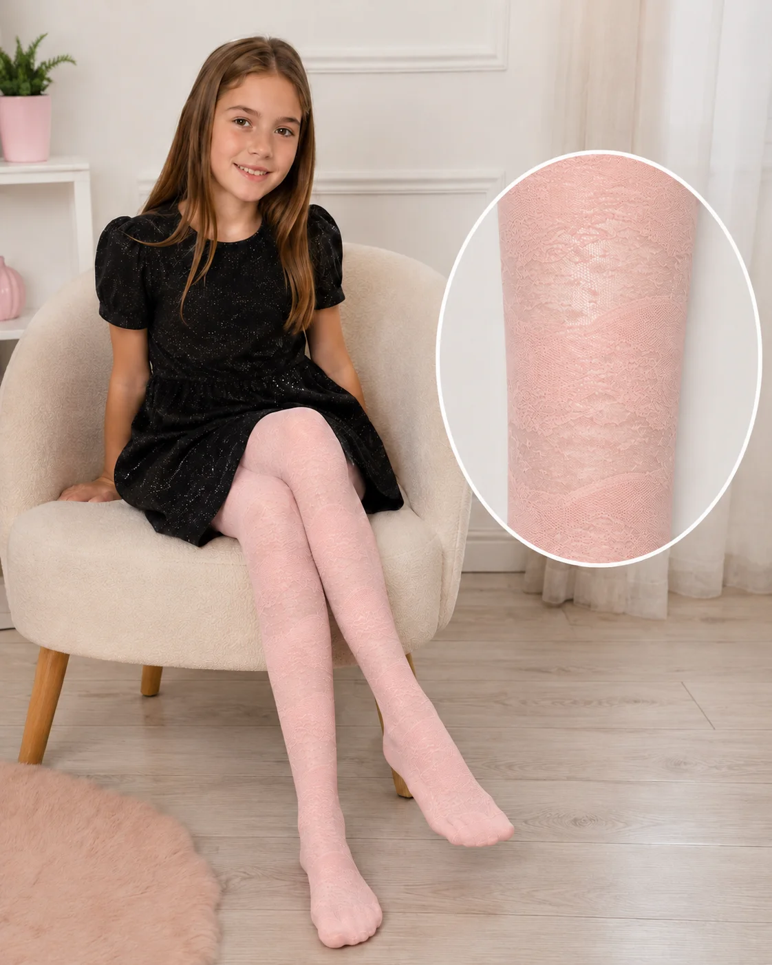 Dresuri fetițe Penti Meri 20 den cu model delicat din dantelă,Roz pudra