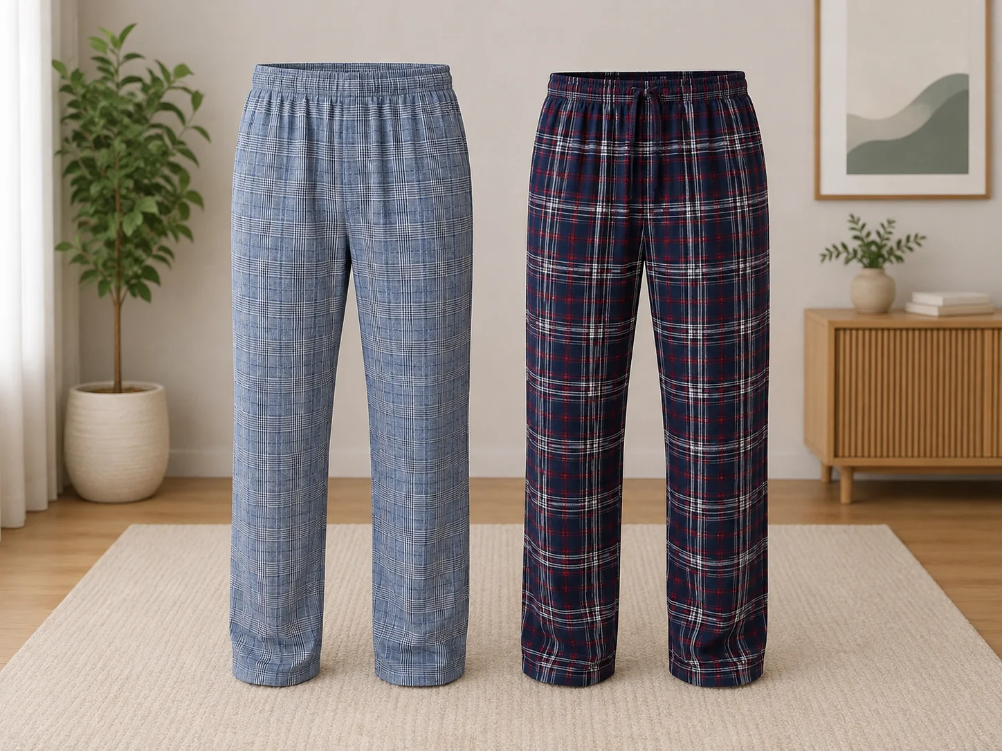 Set 2 Perechi de Pantaloni de Pijama pentru Bărbați, Model în Carouri, Albastru și Bleumarin