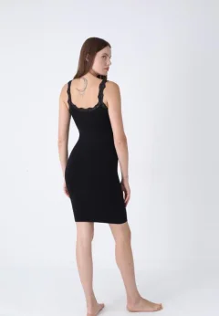 Rochie de damă cu dantelă, fără cusături- Negru