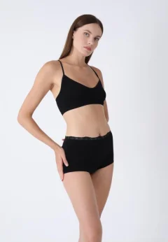 Boxeri Damă din Material Elastic cu Tiv din Dantelă – Negru