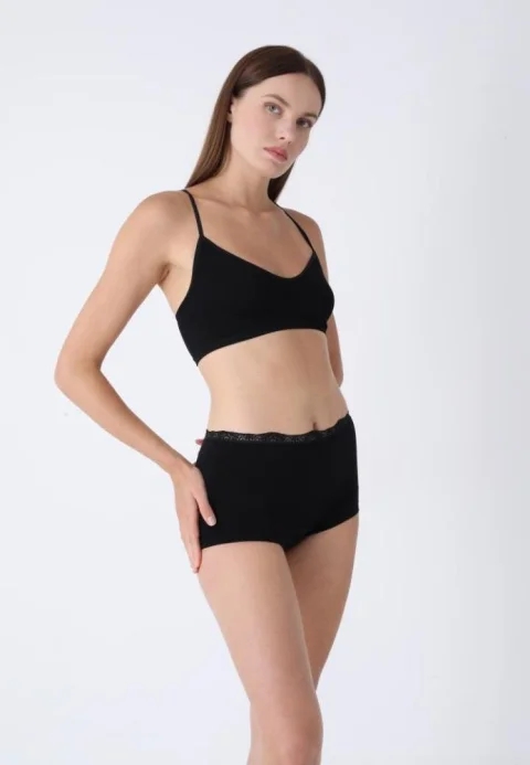 Boxeri Damă din Material Elastic cu Tiv din Dantelă – Negru