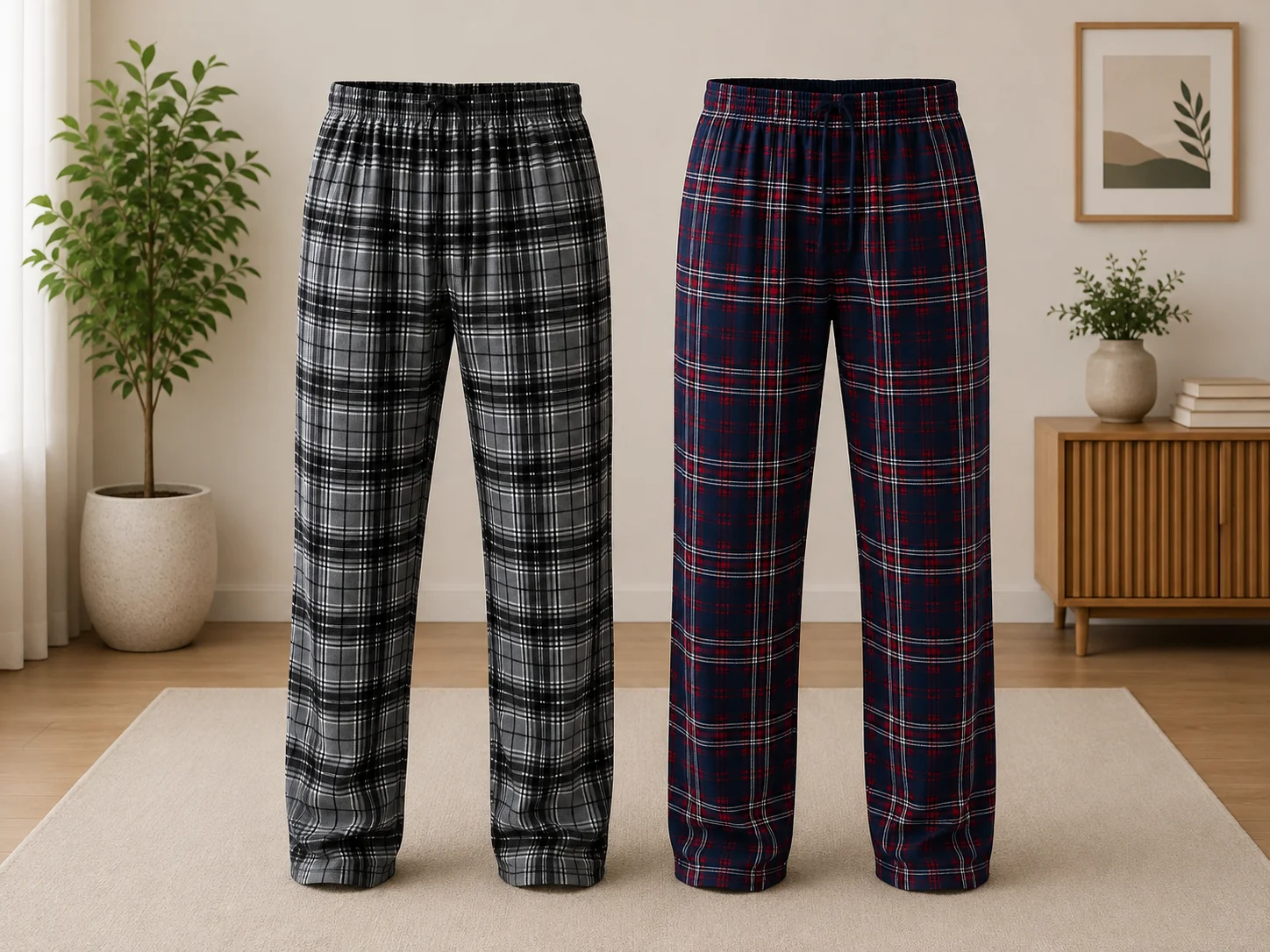 Set 2 Perechi de Pantaloni de Pijama pentru Bărbați,  Gri/Negru și Bleumarin/Roșu