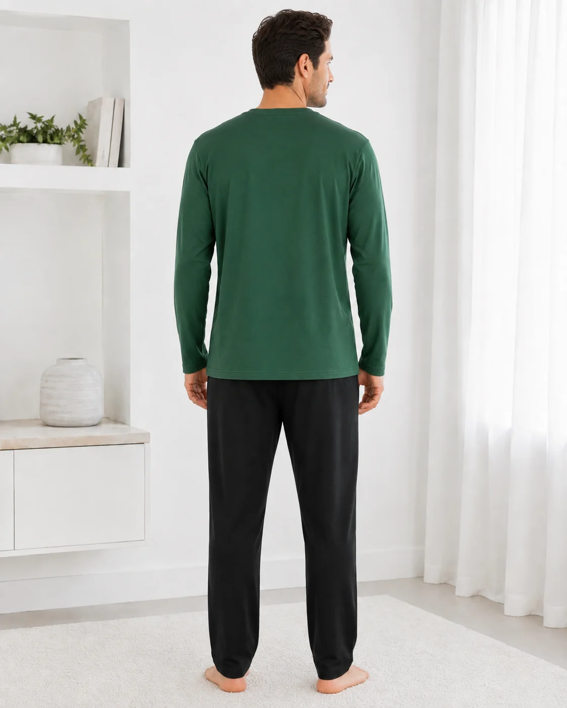 Pijama Barbati cu Maneca Lunga si Pantaloni Negri Simpli-Verde — imagine 4