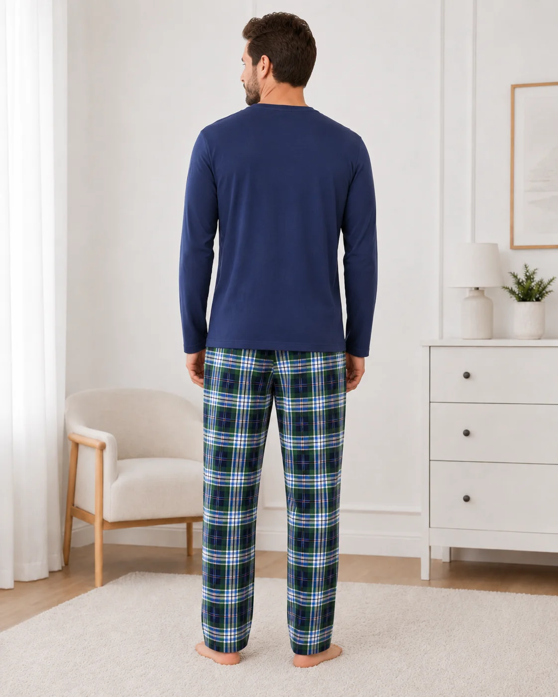 Pijama Barbati cu Maneca Lunga si Pantaloni in Carouri -Bleumarin