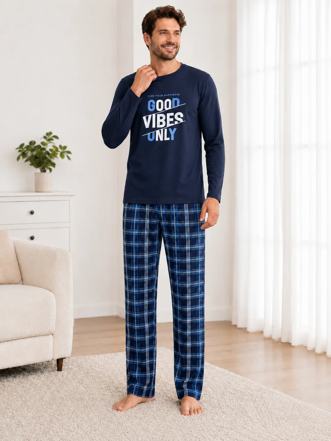 Pijama Barbati Bluză Good Vibes si Pantaloni in Carouri-Bleumarin