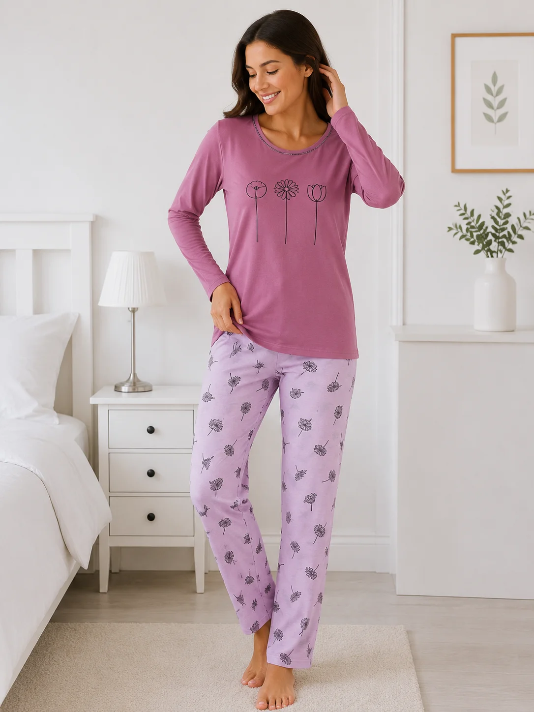 Pijama de Damă cu Imprimeu Florale și Pantaloni Asortaț-Mov
