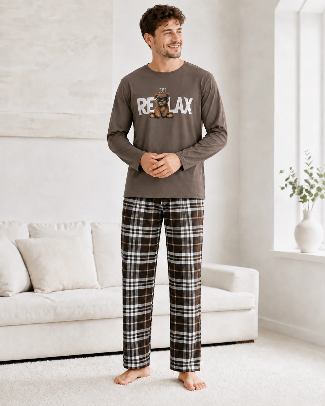 Pijama Barbati cu Maneca Lunga si Pantaloni in Carouri Maro-Maro — imagine 2