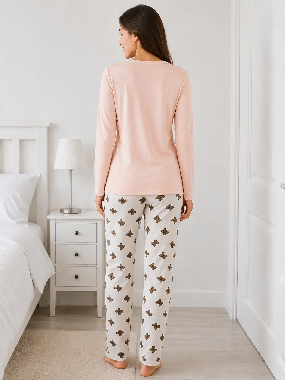 Pijama de Damă  cu Imprimeu Urși și Pantaloni Asortați-Roz pudra — imagine 4