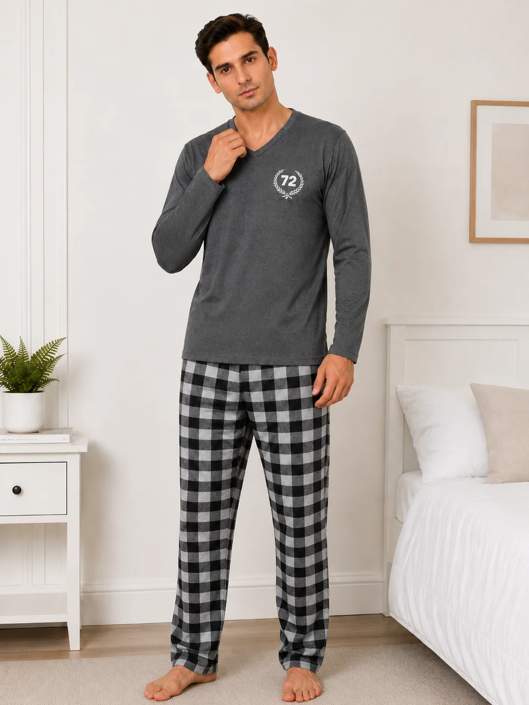 Pijama Barbati cu Maneca Lunga si Imprimeu Carouri-Gri