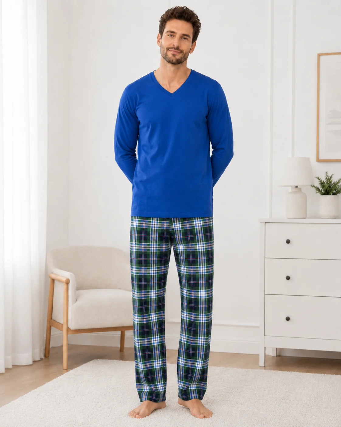 Pijama Barbati cu Maneca Lunga si Pantaloni in Carouri -Albastru