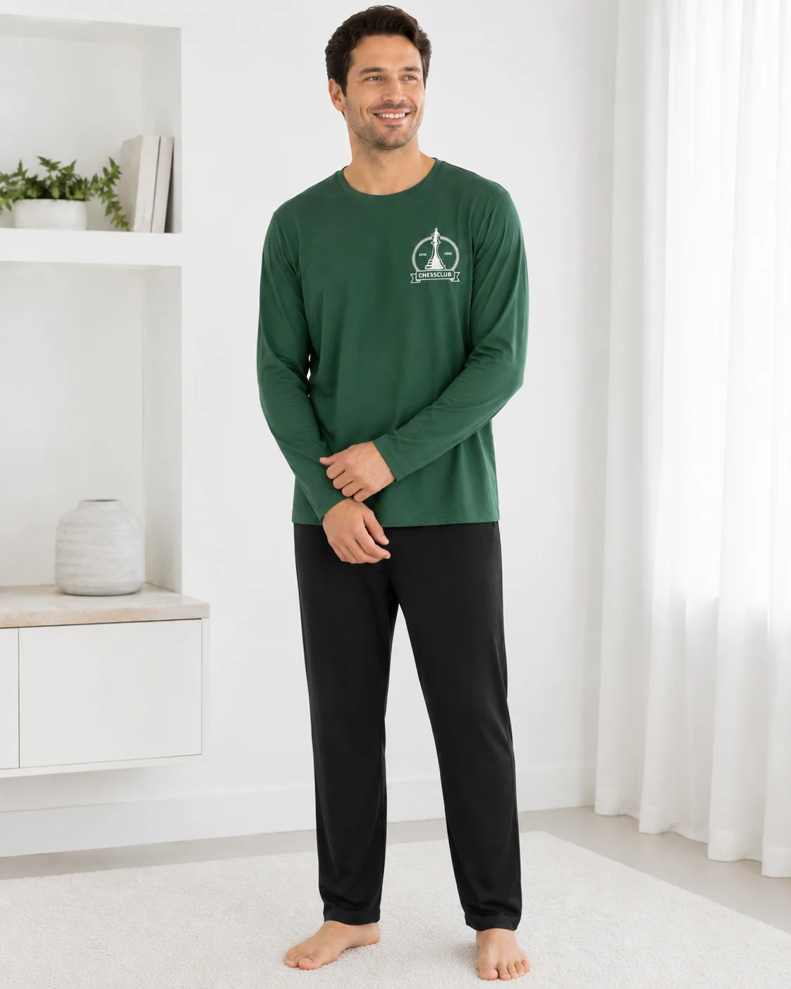 Pijama Barbati cu Maneca Lunga si Pantaloni Negri Simpli-Verde — imagine 3