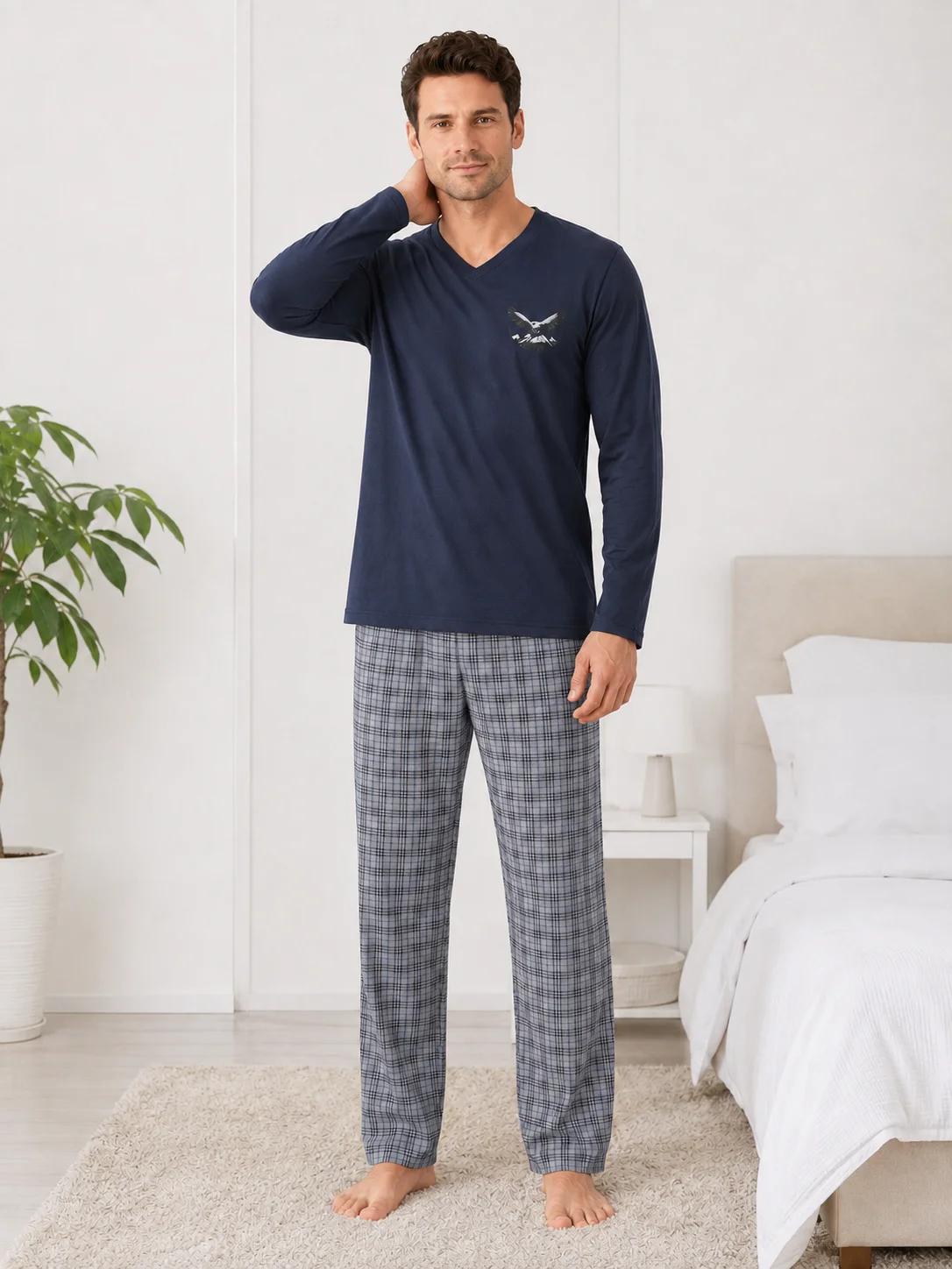 Pijama Barbati cu Maneca Lunga si Pantaloni in Carouri -Bleumarin — imagine 3