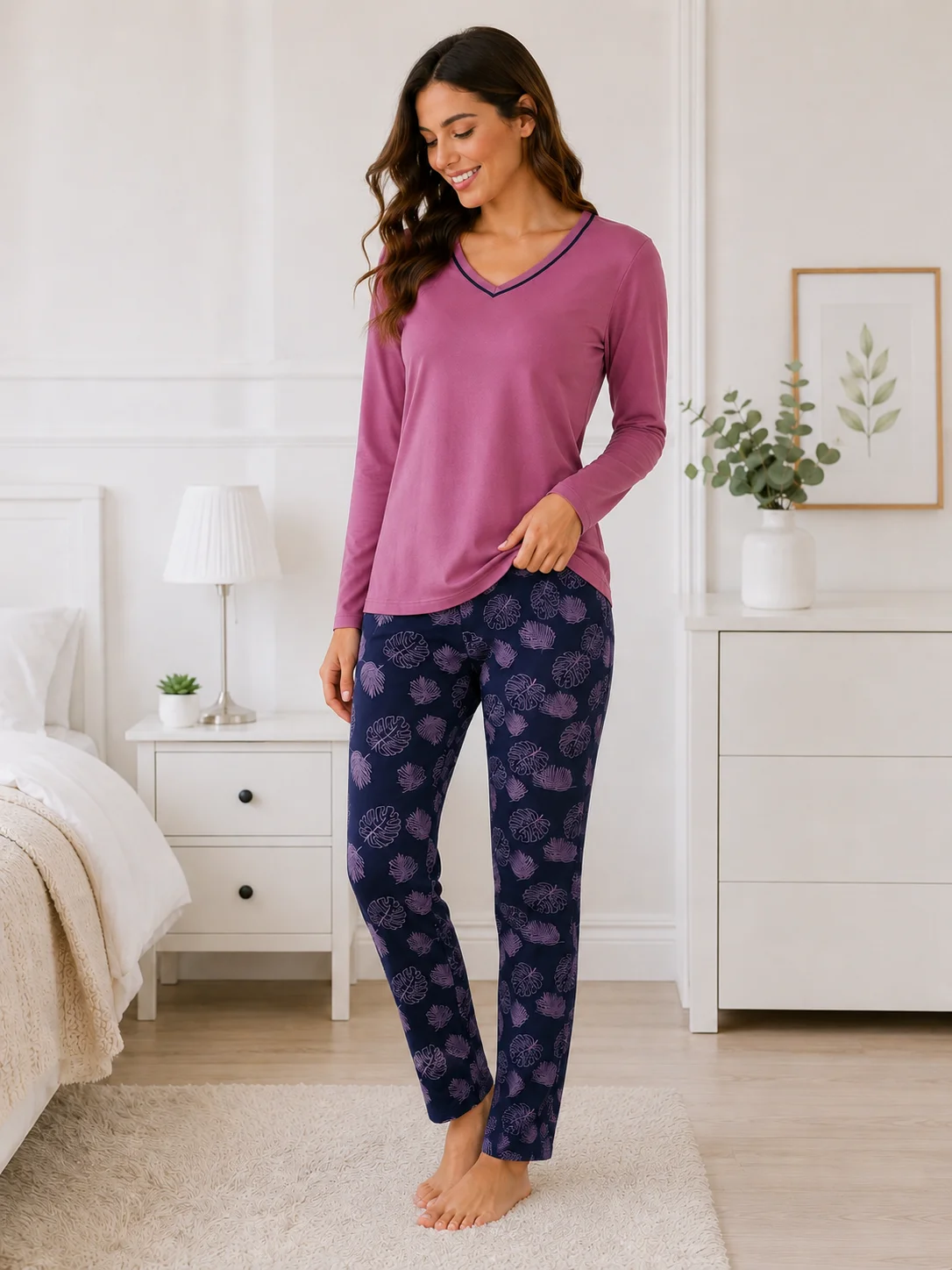 Pijamale dama, Bluză și Pantalon cu Imprimeu Frunze- Mov — imagine 2