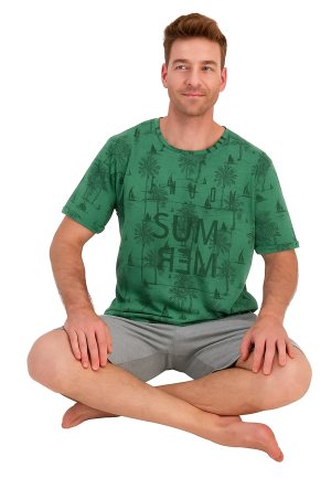 Pijamale bărbați, bluză cu mânecă scurtă și pantaloni tip bermudă cu buzunare, verde