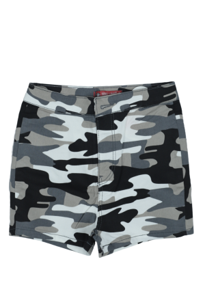 Blugi scurți damă de vară – elastici, mulați, cu buzunare la spate-camuflaj gri
