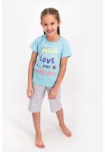 Pijama pentru fetițe Disney, bluza cu maneca scurtă și pantaloni 3/4, imprimeu Peace And Love, blue