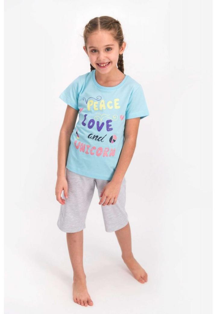 Pijama pentru fetițe Disney, bluza cu maneca scurtă și pantaloni 3/4, imprimeu Peace And Love, blue