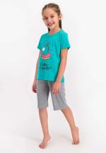 Pijama copii cu tricou și pantaloni trei sferturi, imprimeu unicorn, Turcoaz
