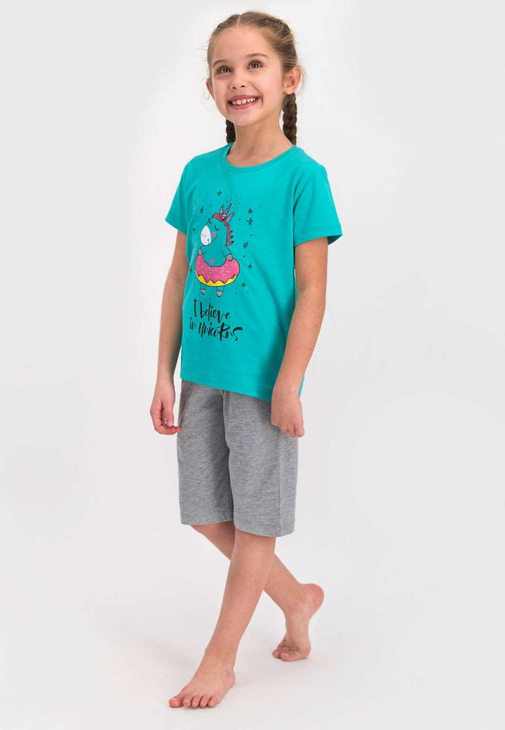 Pijama copii cu tricou și pantaloni trei sferturi, imprimeu unicorn, Turcoaz