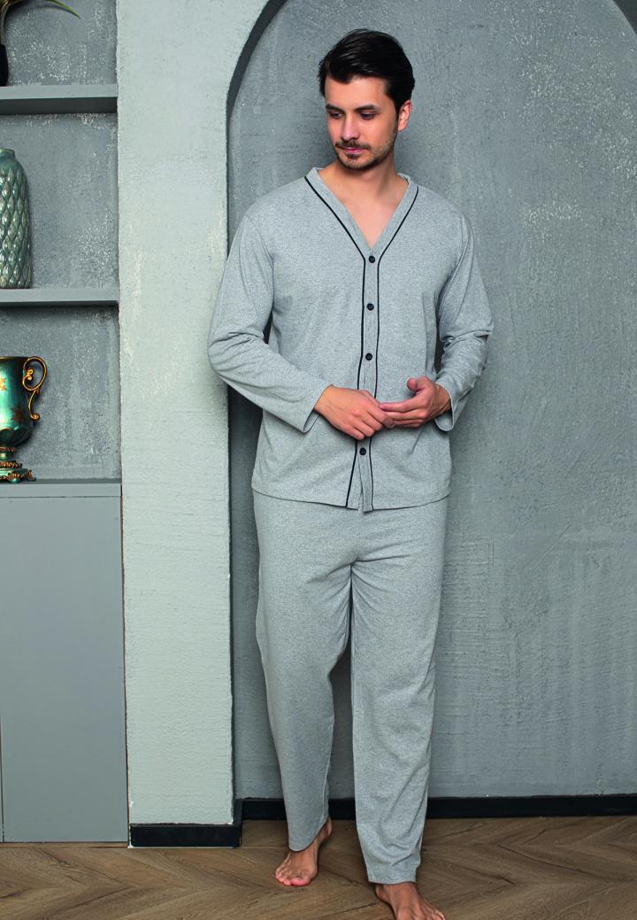 Pijama bărbați din bumbac cu mânecă lungă și pantaloni lungi