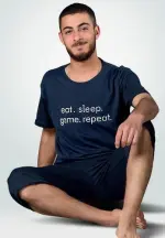 Pijama bărbați din bumbac – tricou imprimeu "EAT SLEEP GAME REPEAT" -bleumarin