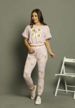 Pijama damă, cu mânecă scurtă și pantaloni lungi din bumbac, imprimeu Good Night
