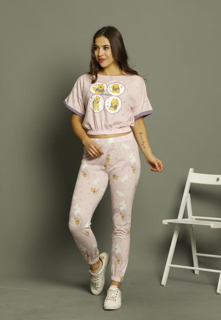 Pijama damă, cu mânecă scurtă și pantaloni lungi din bumbac, imprimeu Good Night