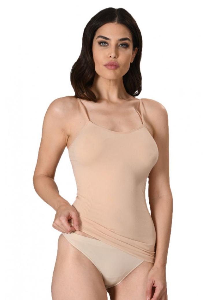 Maiou dama modelator in talie cu bretele subtiri, material moale, culoare bej