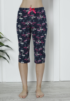 Pantaloni pijama damă 3/4, bleumarin, imprimeu flamingo