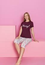 Pijama damă bumbac – tricou și pantaloni 3/4, imprimeu CHERRY