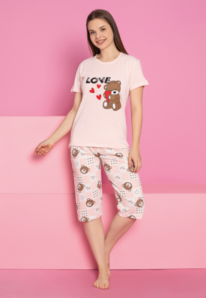 Pijama damă bumbac – tricou și pantaloni 3/4, imprimeu LOVE-BEAR