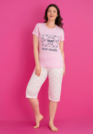 Pijama damă bumbac – tricou și pantaloni 3/4, imprimeu NEW MODA roz