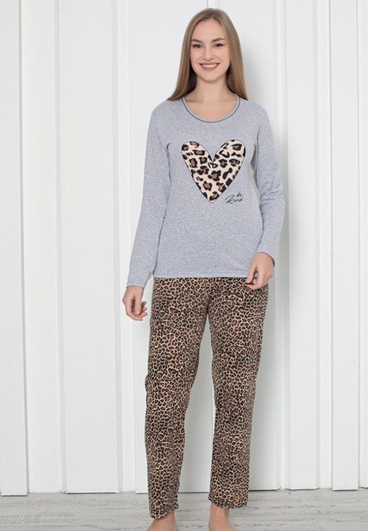 Pijama damă cu mânecă lungă și pantaloni lungi, imprimeu inimă, culoare gri