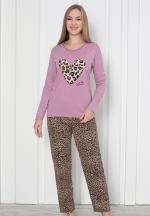Pijama damă cu mânecă lungă și pantaloni lungi, imprimeu inimă, culoare mov