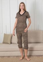Pijama damă Serena, model leopard, mânecă scurtă, pantaloni 3/4