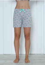 Short damă pijama din bumbac, gri, imprimeu flori albastre