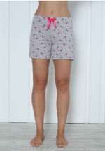 Short damă pijama din bumbac, gri, imprimeu flori roz