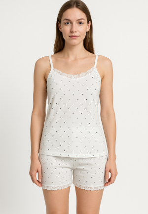 Pijama damă maiou și short – bretele subțiri, dantelă delicată, croială lejeră, imprimeu cu puncte negre