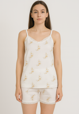 Pijama damă maiou și short – bretele subțiri, dantelă delicată, croială lejeră, imprimeu cu flori galbene