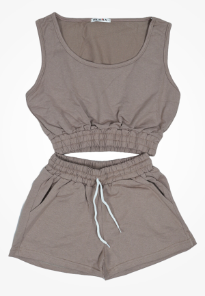 Compleu damă casual – set top scurt și pantaloni scurți, culoare maro