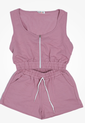 Compleu damă casual – set top scurt și pantaloni scurți, culoare roz