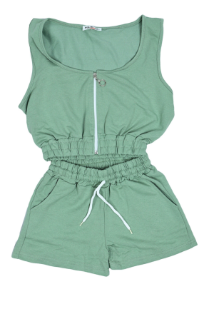 Compleu damă casual – set top scurt și pantaloni scurți, culoare verde deschis