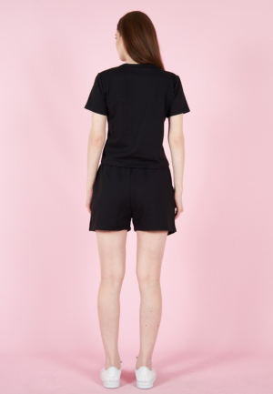 Compleu damă cu tricou și short cu talie elastică, bumbac- culoare negru
