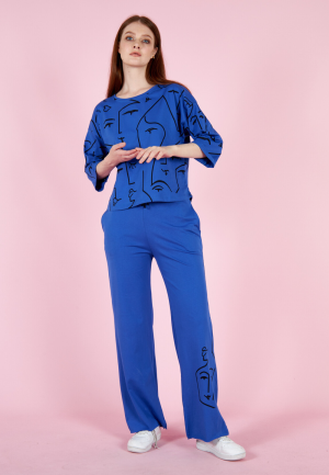 Set damă cu tricou și pantaloni lungi evazați, bumbac- albastru