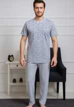 Pijama barbati Big Size din bumbac, bluza cu maneca scurta si pantaloni lungi, gri