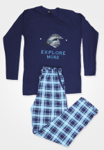 Pijama pentru bărbați, bumbac, mânecă lungă și pantaloni lungi, bleumarin