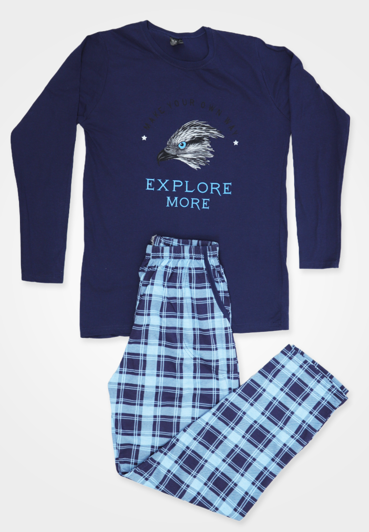 Pijama pentru bărbați, bumbac, mânecă lungă și pantaloni lungi, bleumarin