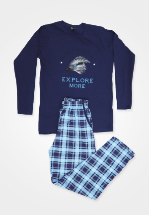 Pijama pentru bărbați, bumbac, mânecă lungă și pantaloni lungi, bleumarin