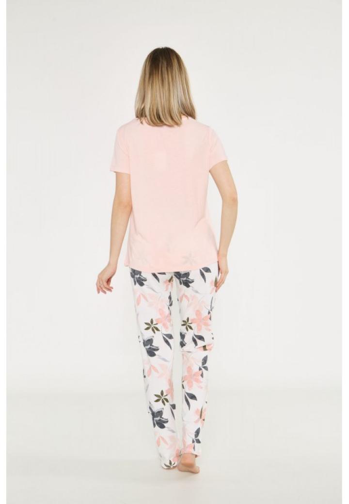 Pijama damă, bluză cu mânecă scurtă și decolteu rotund, pantaloni lungi cu imprimeu floral, culoare roz