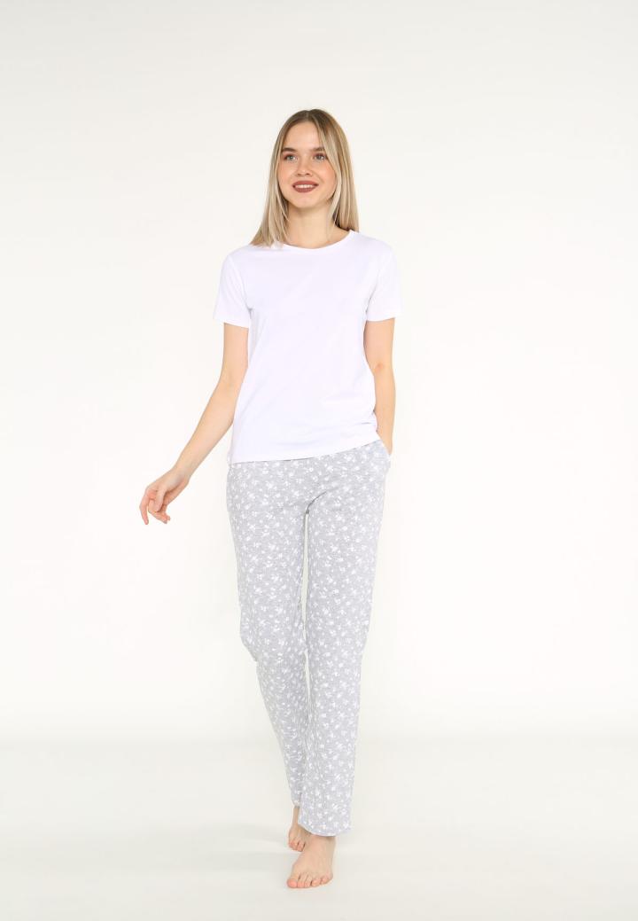 Pijama damă Arnetta alb-gri cu imprimeu floral – bumbac & modal